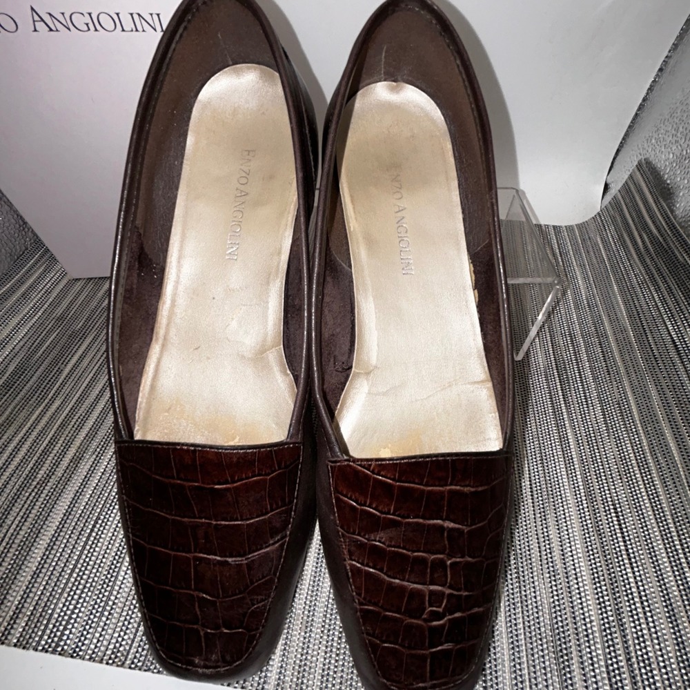 Enzo Angiolini Brown Leather Croc Embossed Square Toe Loafers Size 6.5M